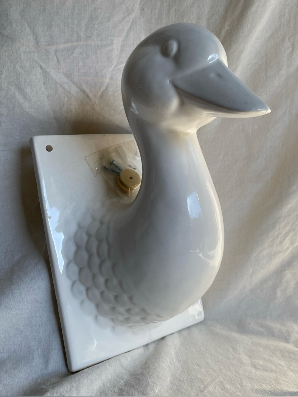 Vintage White Ceramic Duck Head Farmhouse Apron / Towel Wall Hooks- Japan